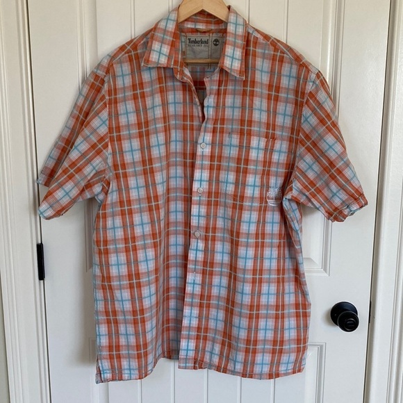 Timberland Mens Shirt XL Short Sleeve Cotton Button Front Orange Plaid - Picture 3 of 10